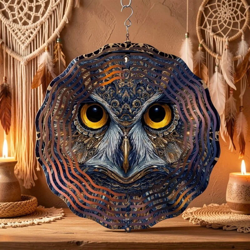 CIFBUY 2D Boho Owl Wind Chime Metal Spinner with 360 Rotating Hook Bird Repellent Hanging Ornament for Garden Patio Outdoor Indo
