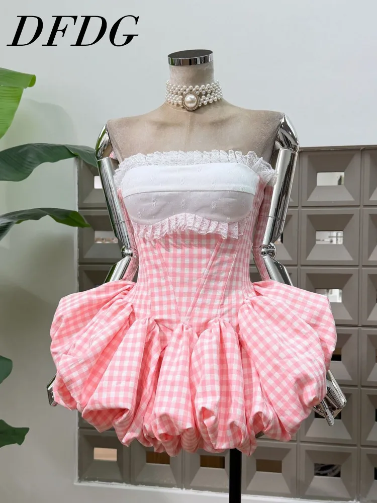 

DFDG Women 2026 Spring Summer Gingham Check Mini Dress Strapless Lace Trim Corset Bodice Bubble Hem Cute Party Prom Dress