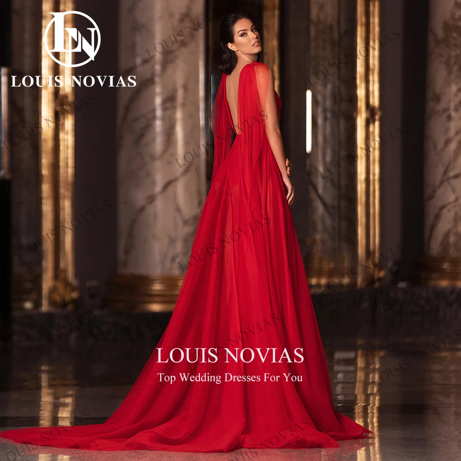 LOUIS NOVIAS Red Evening Dresses Sexy Women Elegant Deep V-Neck Backless Ribbons Party Dresses Floor-Length Vestidos De Noche