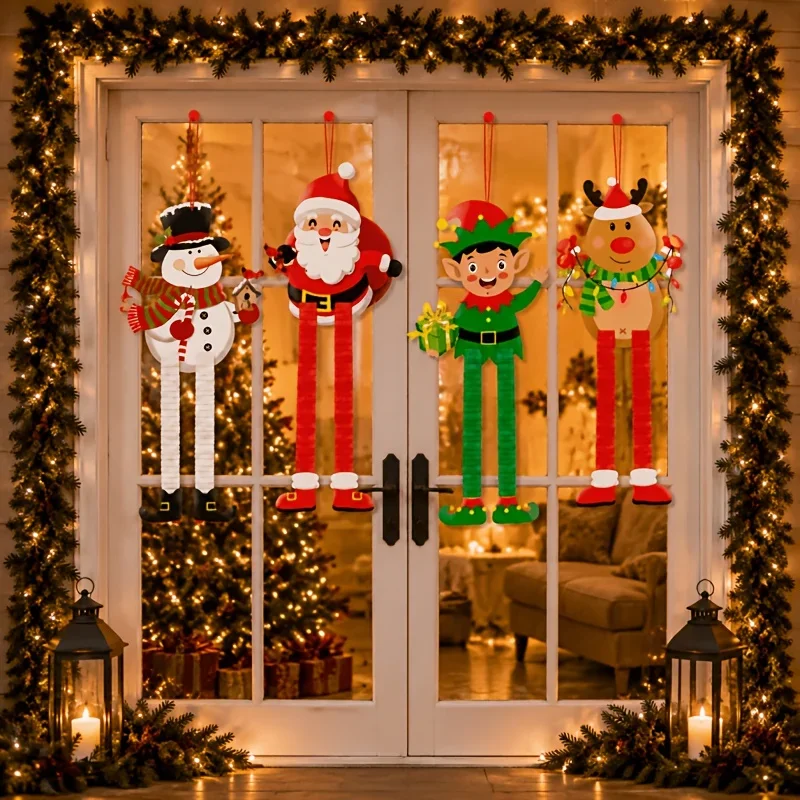 2/3/4pcs Vintage Xmas Hanging Decor Santa Snowman Elk Retractable Ornaments For Tree Door Wall Home Random Style