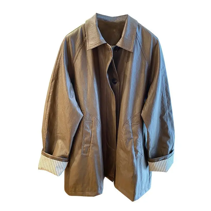 メイラードコーヒーカラーのミドル丈レザージャケット レディース 春秋 2025 ファッション ハイエンド ワイド＆ルーズ ウィンドブレーカー