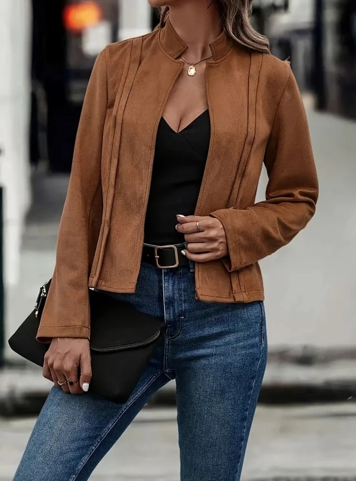 

Women Commuting Jacket 2024 Autumn Winter Latest Solid Color Long Sleeve Look Thin Versatile Cardigan Short Coat Open Front Coat