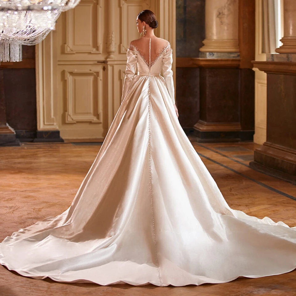 Customized Elegant Long Sleeves Wedding Dresses 2026 Satin Sparkly Beading Bride Gowns Illusion Buttons Back Vestidos De Novia