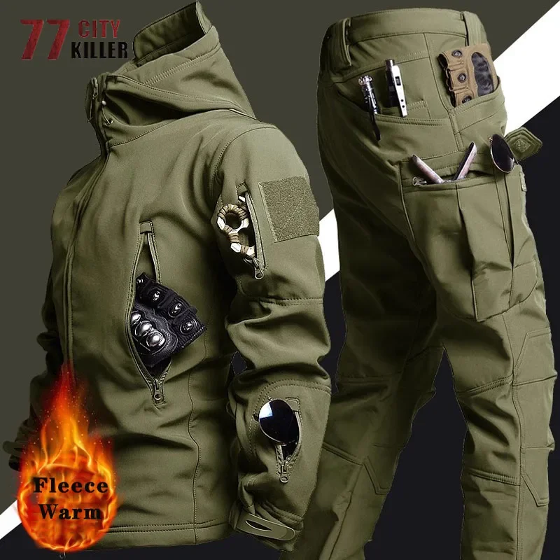 Men\'s Tactical Military Combat Sets Outdoor Windproof Waterproof Multi-Pockets Soft Shell Hooded Jackets Cargo Pants Suits Male