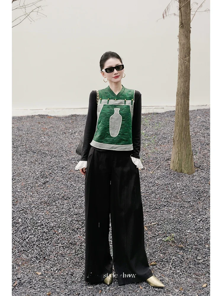 

Женские брюки с высокой талией и широкими штанинами, новые, в китайском стиле, из смесового волокна, приятные к телу, осенняя мода