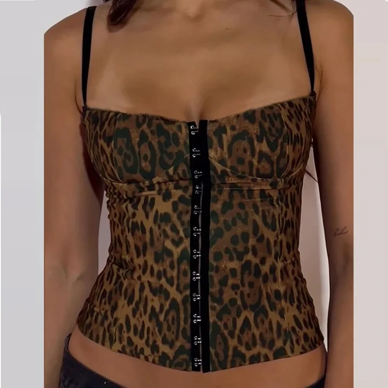 

2026 Sense Women's Ribbon Breasted Sleeveless Hollow Leopard Print Backless Skinny Suspender Top