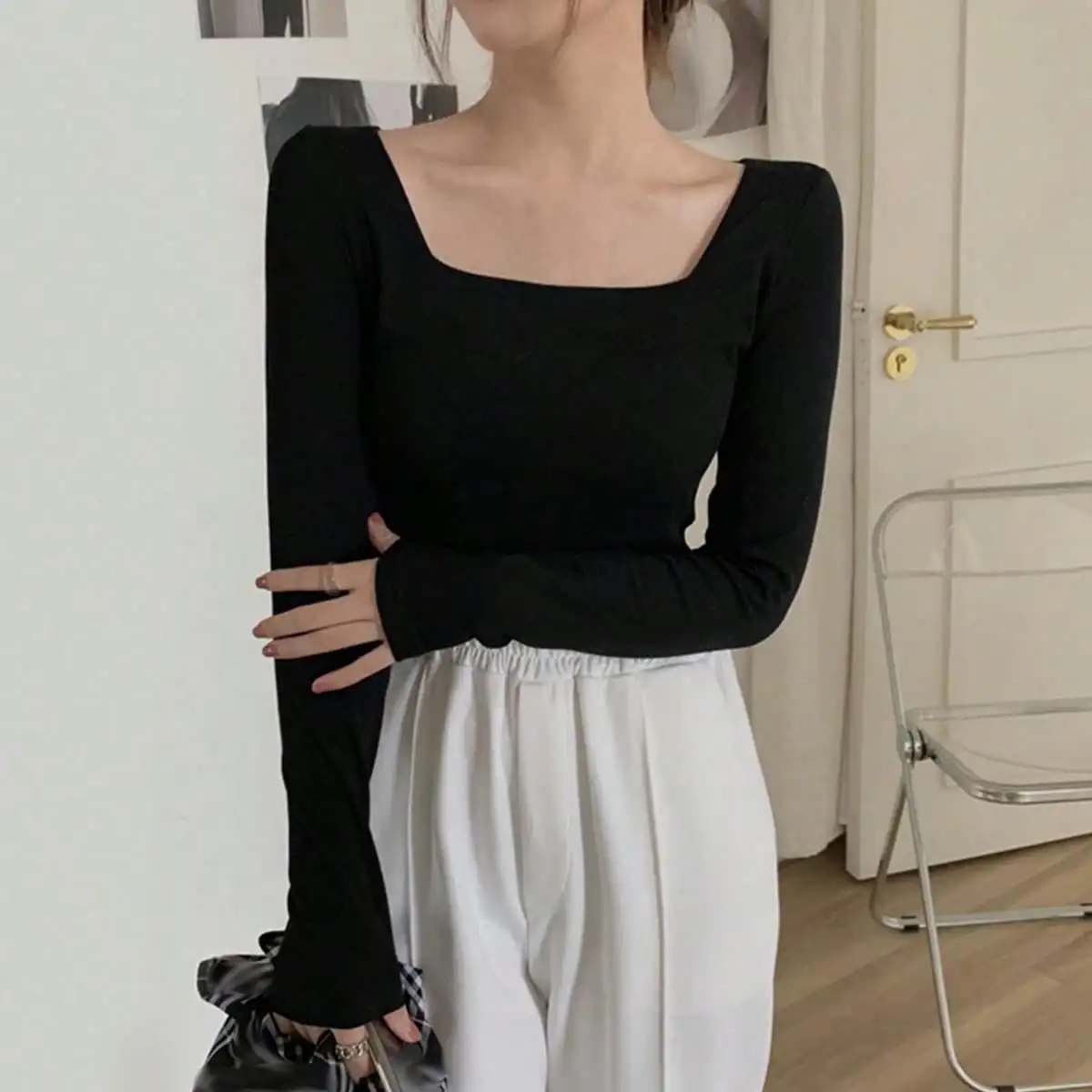 Korean Chic Autum Design Niche Square Collar Bottoming Top Slim Short Pure Color Simple Long-Sleeved T-Shirt for Women Uxa /