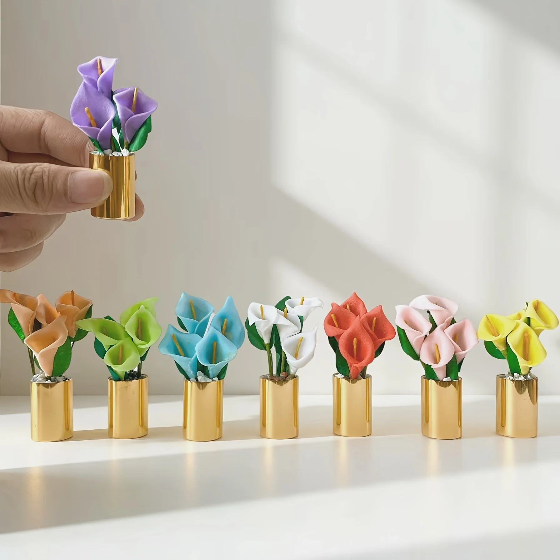 3pcs, Miniature Simulation Calla Lily Potted Plant, DIY Dollhouse & Model House Bonsai Decoration, Miniature Potted Plant Model