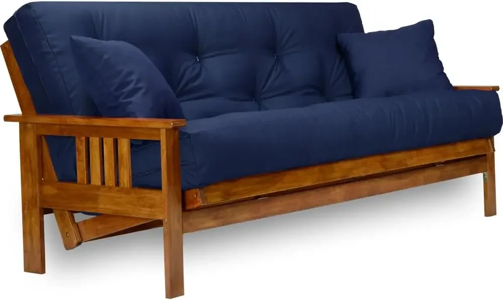 Futon Frame Queen Size with Mattress Included 8 Inch Thick Heavy Duty Wood Sofa Bed Choice Twill Navy Blue