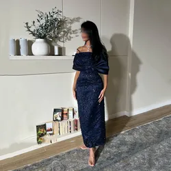 Customized Elegant Navy Blue Mermaid Prom Dressess Simple Off Shoulder Evening Dress Pleat Shiny Beaded Sequined Opne Back 2025