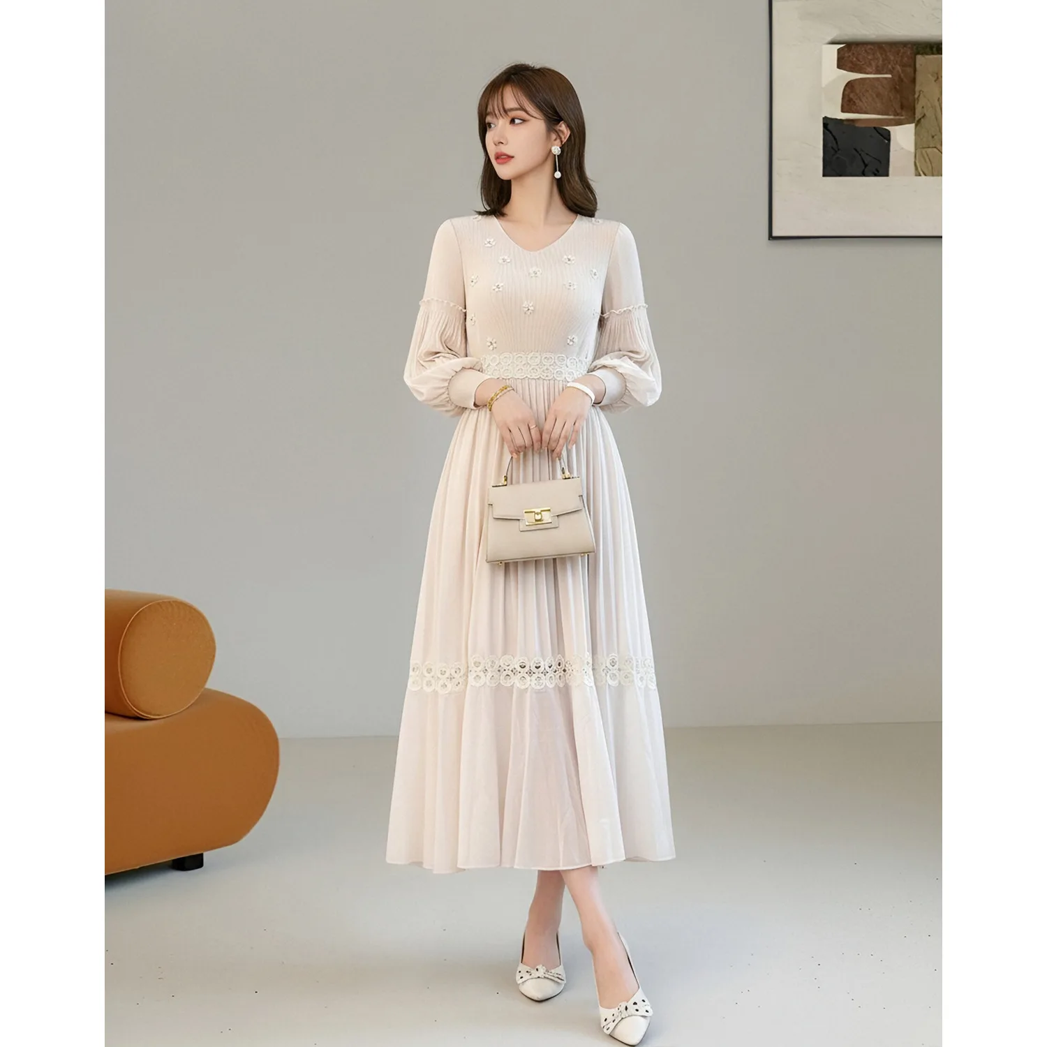 Miyake Women French Pleated Long Dress Elegant Waist Cinch Lantern Sleeve Hollow Midi Dress Casual Party Long Dreses