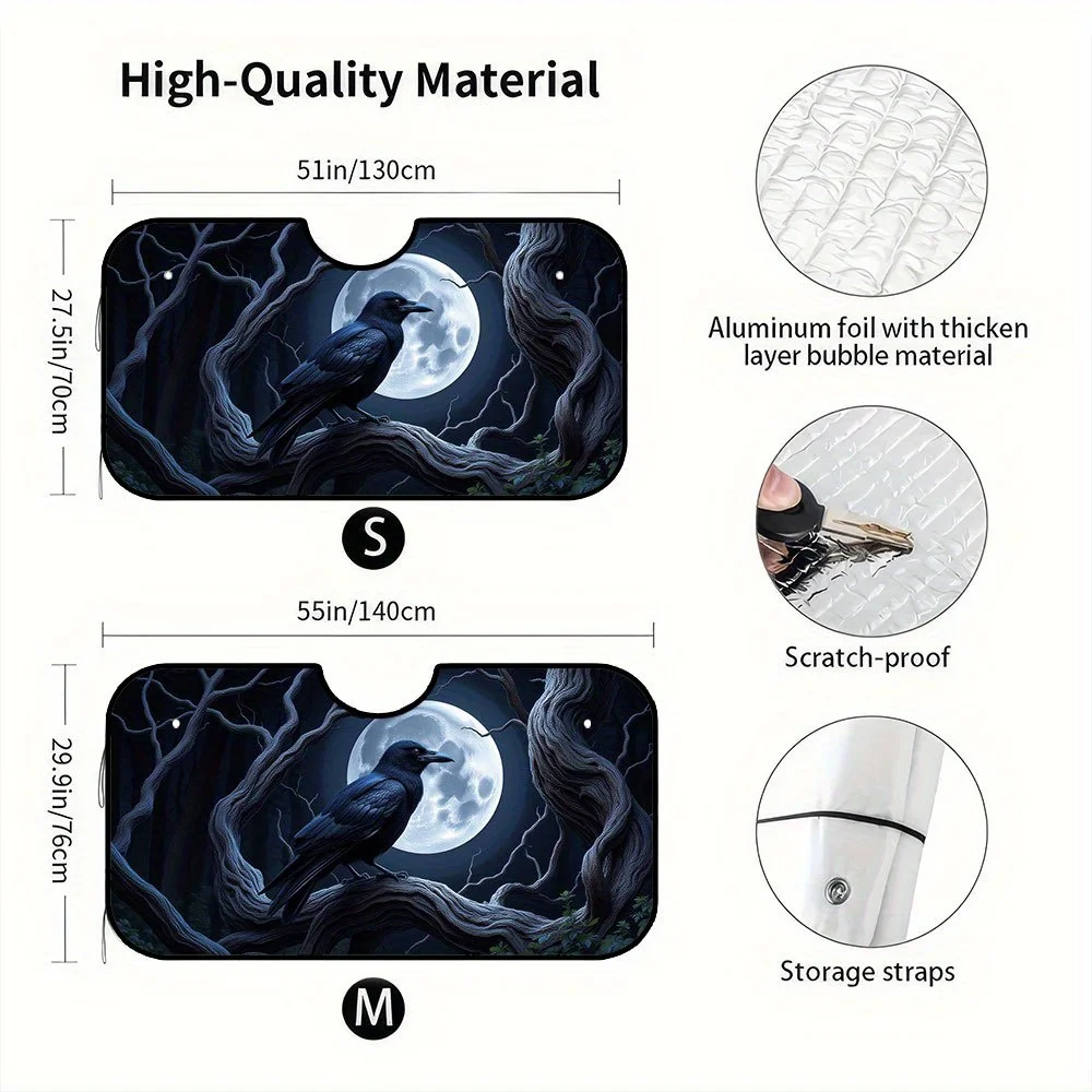 1pc Halloween Car Window Sunshade - Raven Moonlit Forest With Crow Perched On Branches, Foldable Visor Shade For SUV, Truck, Aut