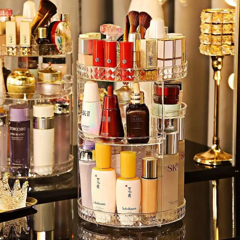 Organizador de Maquillaje Cosmético 360 °   Exhibidor Giratorio con Soporte para Brochas, Bandeja para Perfumes, Almacenamiento para Baño, Plástico para Encimera