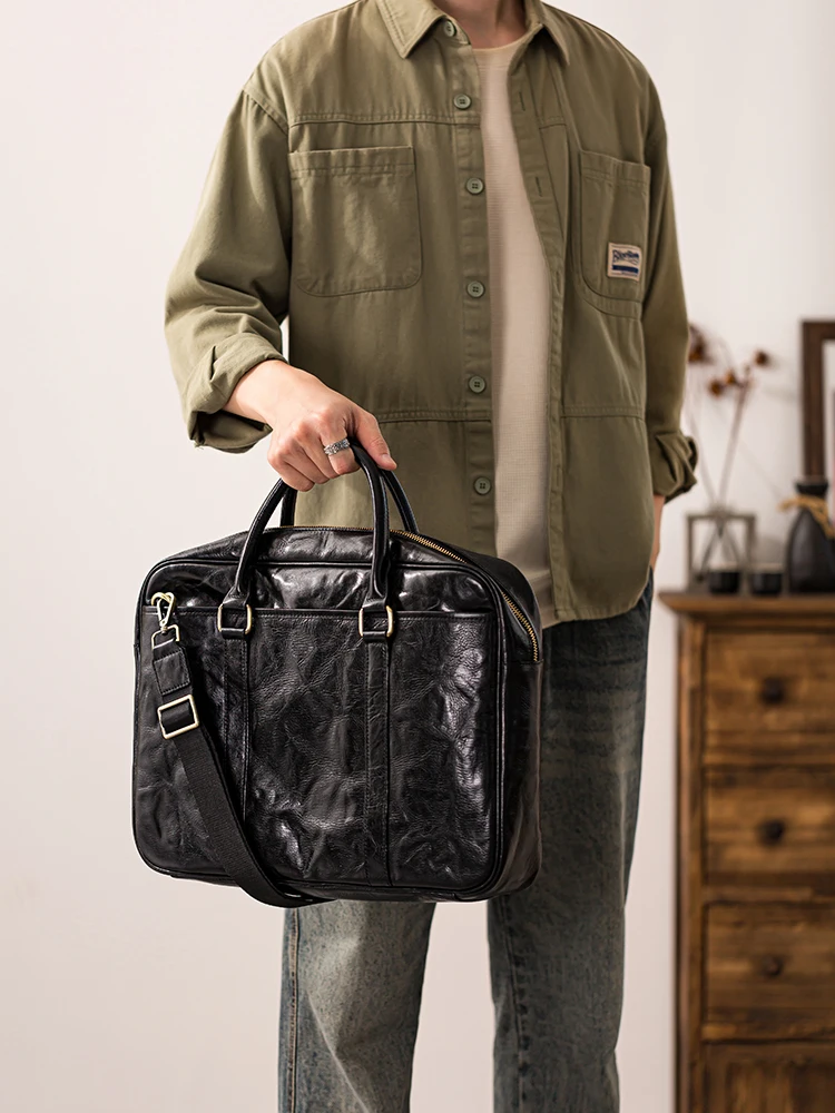 handmade first layer cowhide men's black briefcase office work handbag Business casual genuine leather laptop postman bag