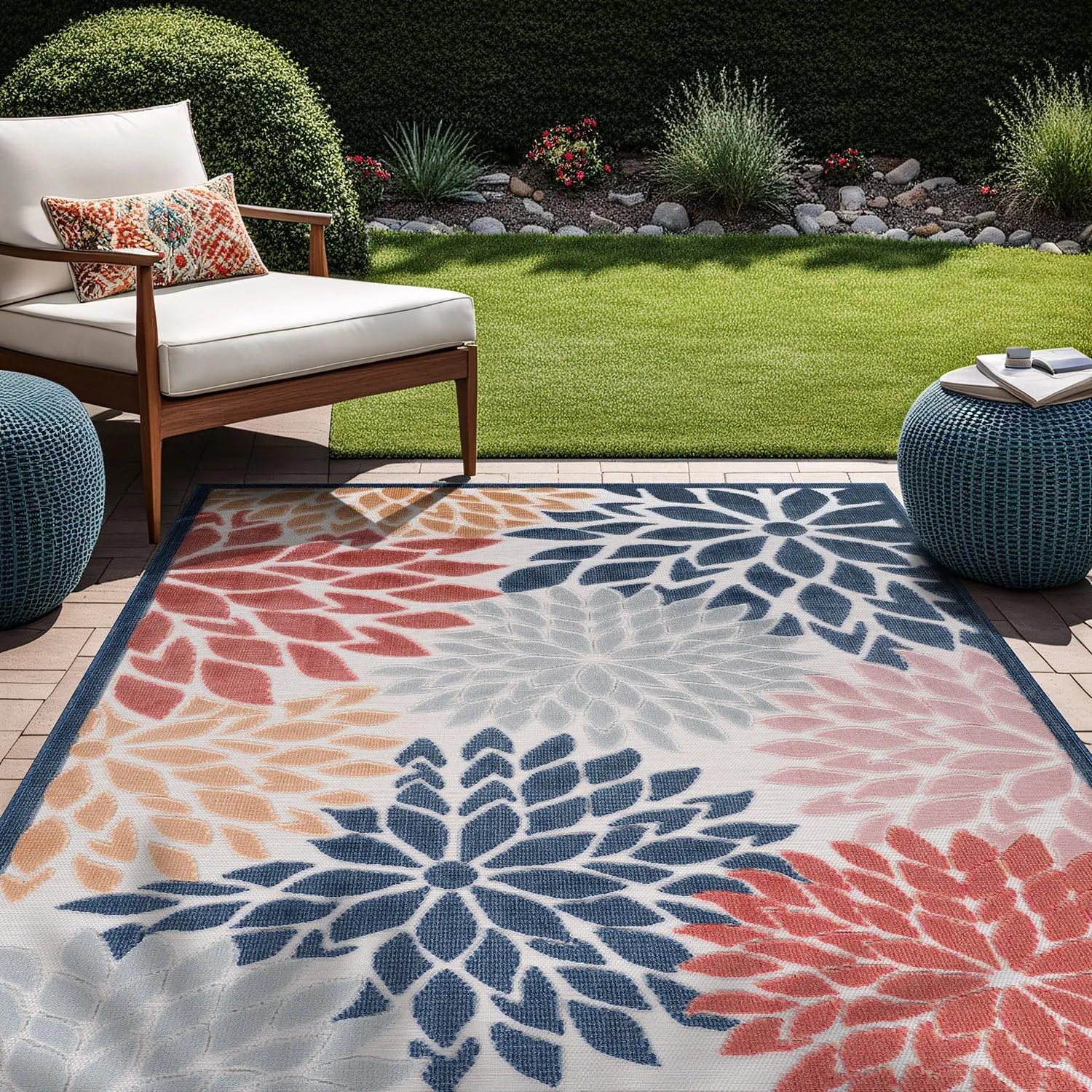 Outdoor Rug 10x14 Large Modern Floral Tropical Area Rugs Clean Non Shedding Living Room Porch Garden Washable Outside Carpet