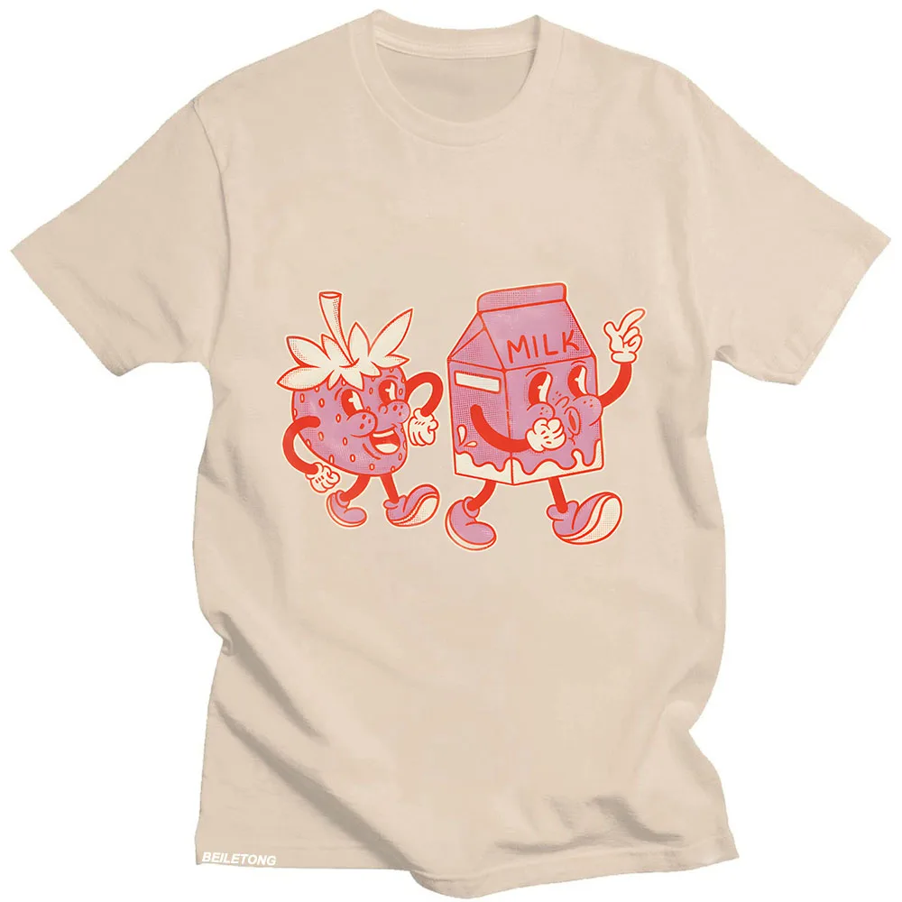 Strawberry Milk T-shirt Cartoon Print Harajuku Kawaii Tee-shirt Short Sleeve Cute Cotton Tshirt Camisetas Casual O-neck Clothing