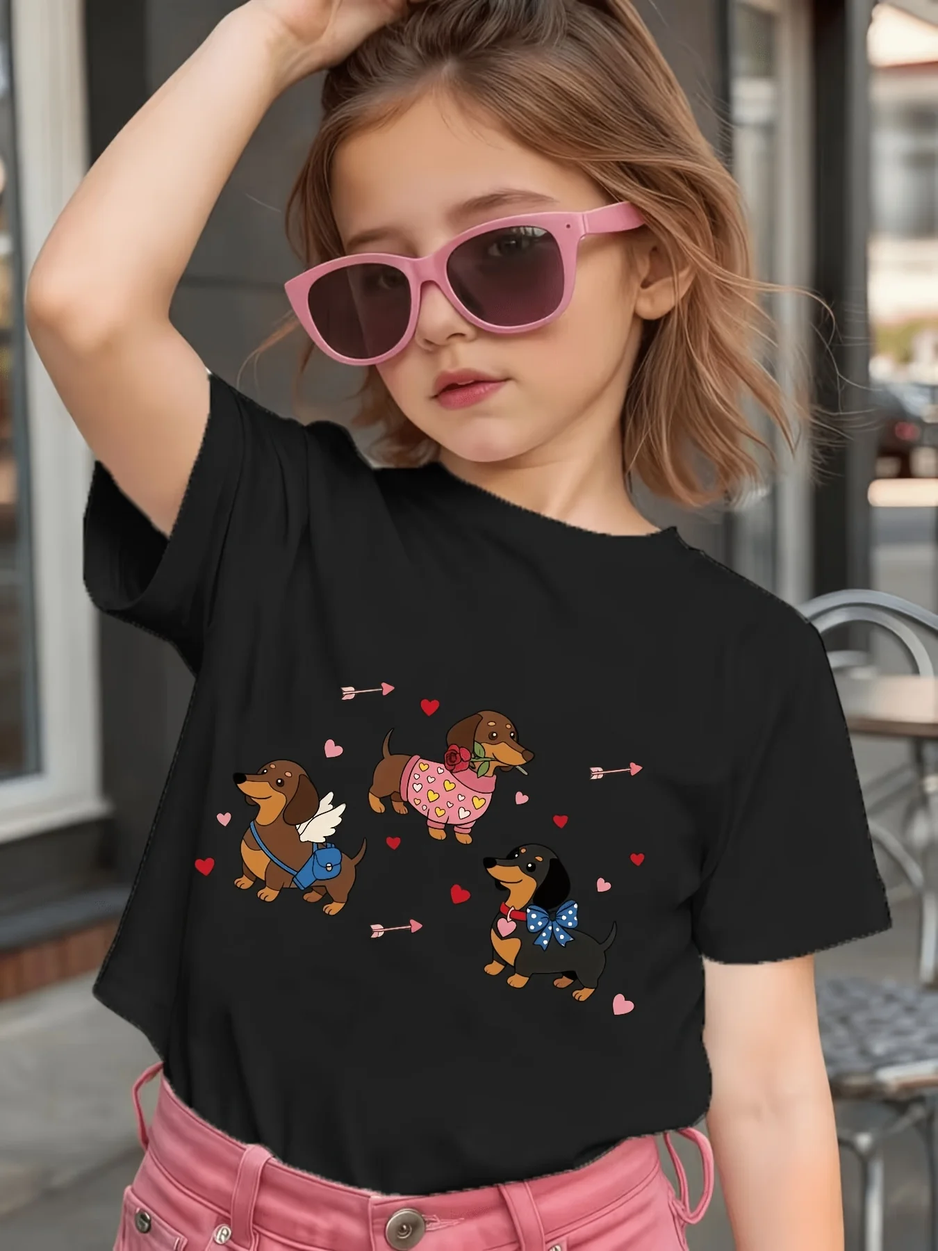 Cute Dachshund Dog Heart Arrow Graphic Kids T Shirt Boys Girls Short Sleeve Family Matching Cotton Casual Tees For Young Kids