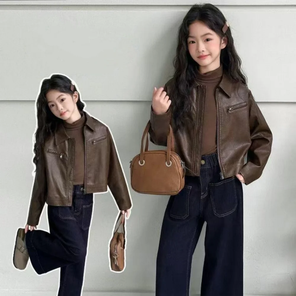 

Kids Girls PU Leather Jackets New Fashion Children Brown Jacket Spring Autumn Clothing Teenage Girls Loose Jackets Coats