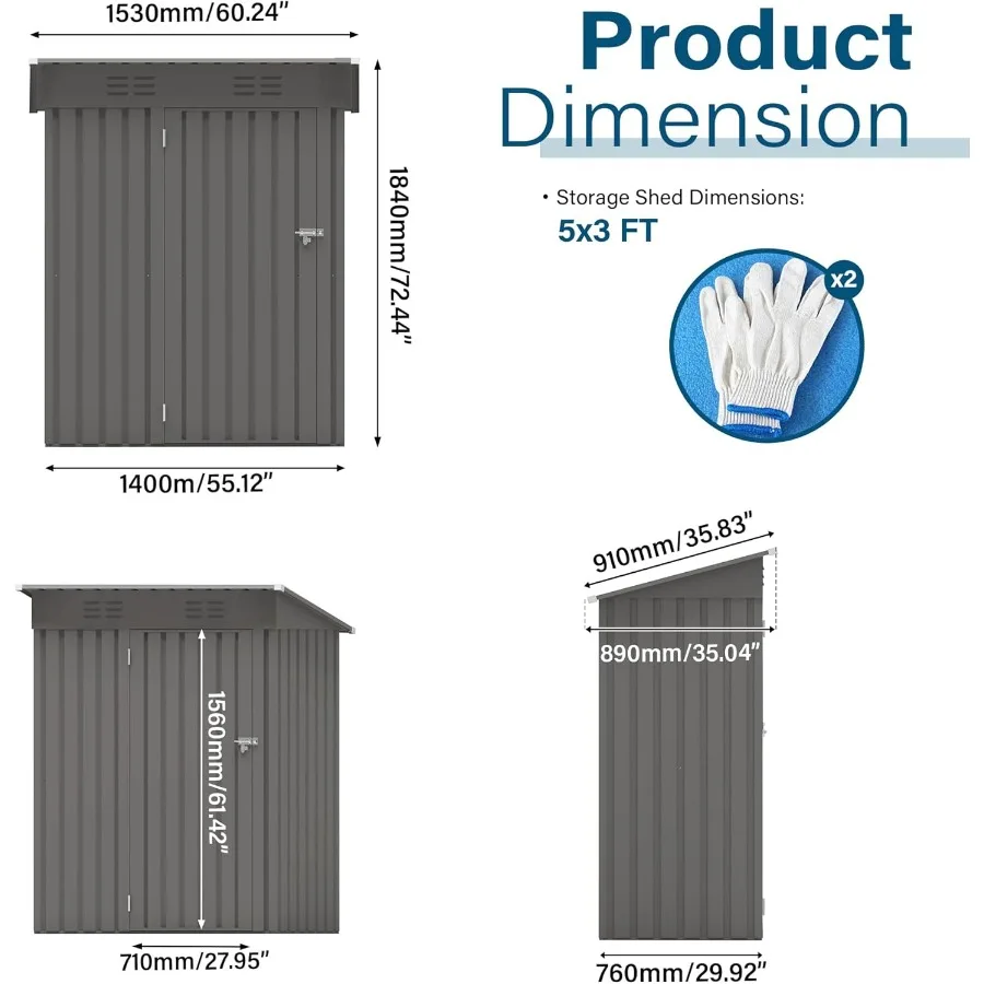 سقيفة تخزين خارجية 5 × 3 أقدام سقيفة أدوات حديقة معدنية مع سقف قابل للقفل أبواب مناسبة لجميع الأحوال الجوية سقيفة دراجة سهلة التجميع f #2
