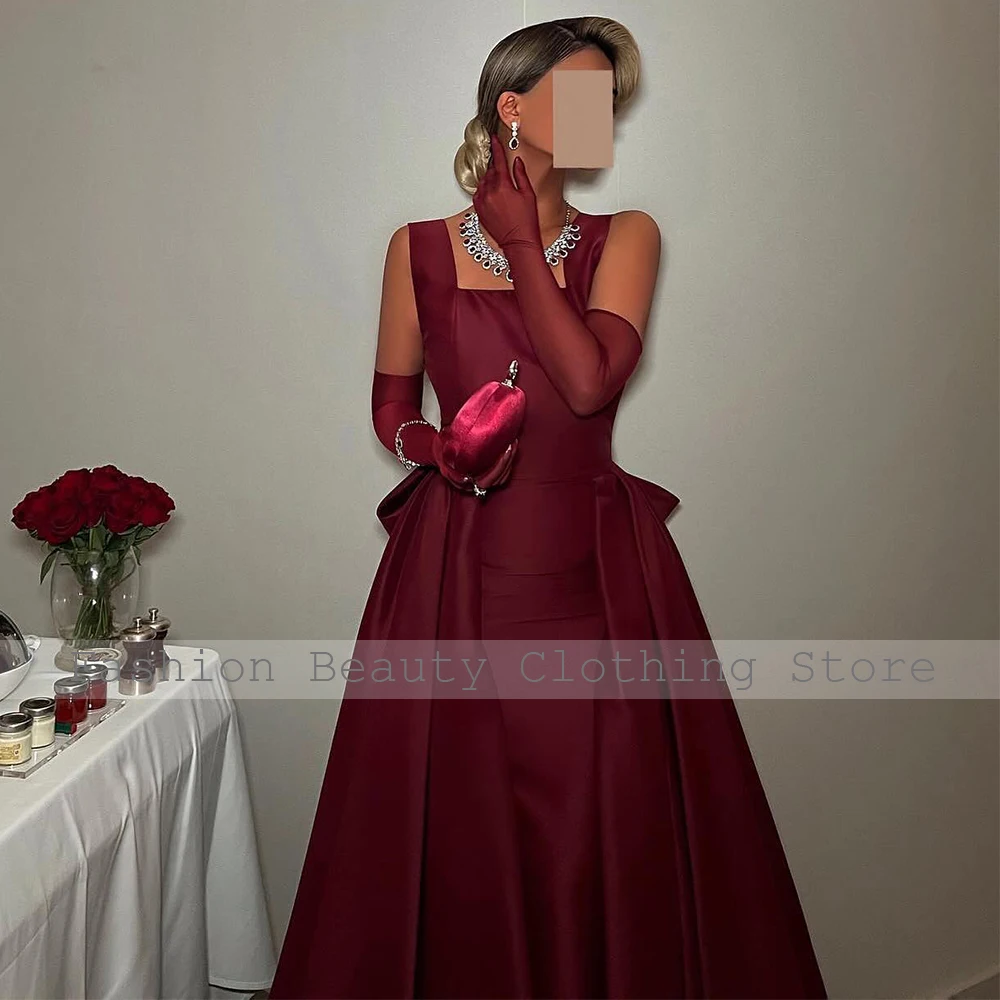 Burgundy Satin Evening Dresses for Women 2024 Square Collar Tank Elegant Evening Gowns Long A Line Big Bow Luxury Prom Dress