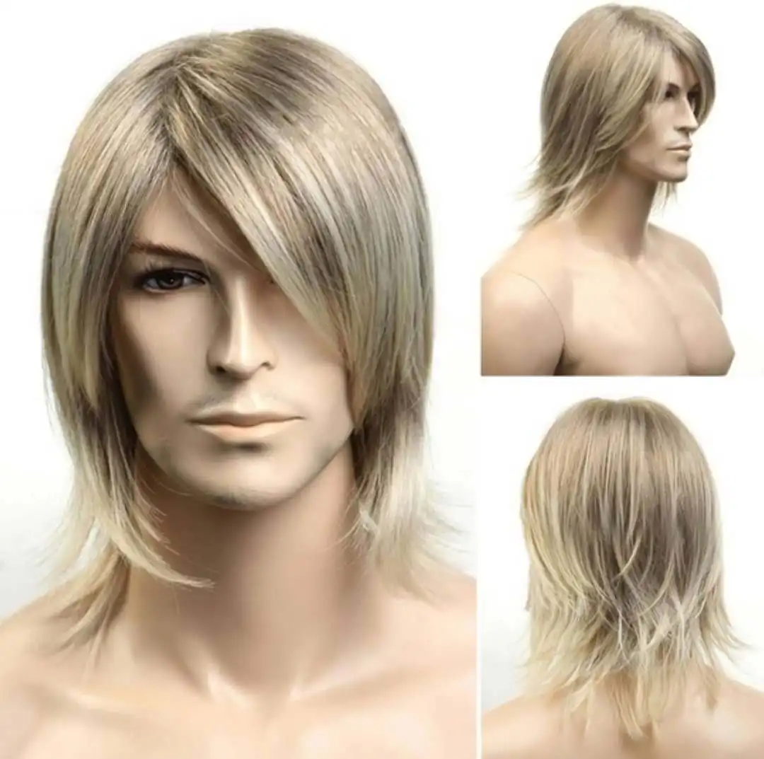 

Men's Medium and Short Wigs, Golden European and American Style Anime Chemical Fiber Men's Short Hair Headgear, Fashionable Oblique Bangs Brown Mixed Golden Straight Hair Wolf Tail Samurai Head Style, Suitable for Daily, Cosplay, Parties and Other Occasio