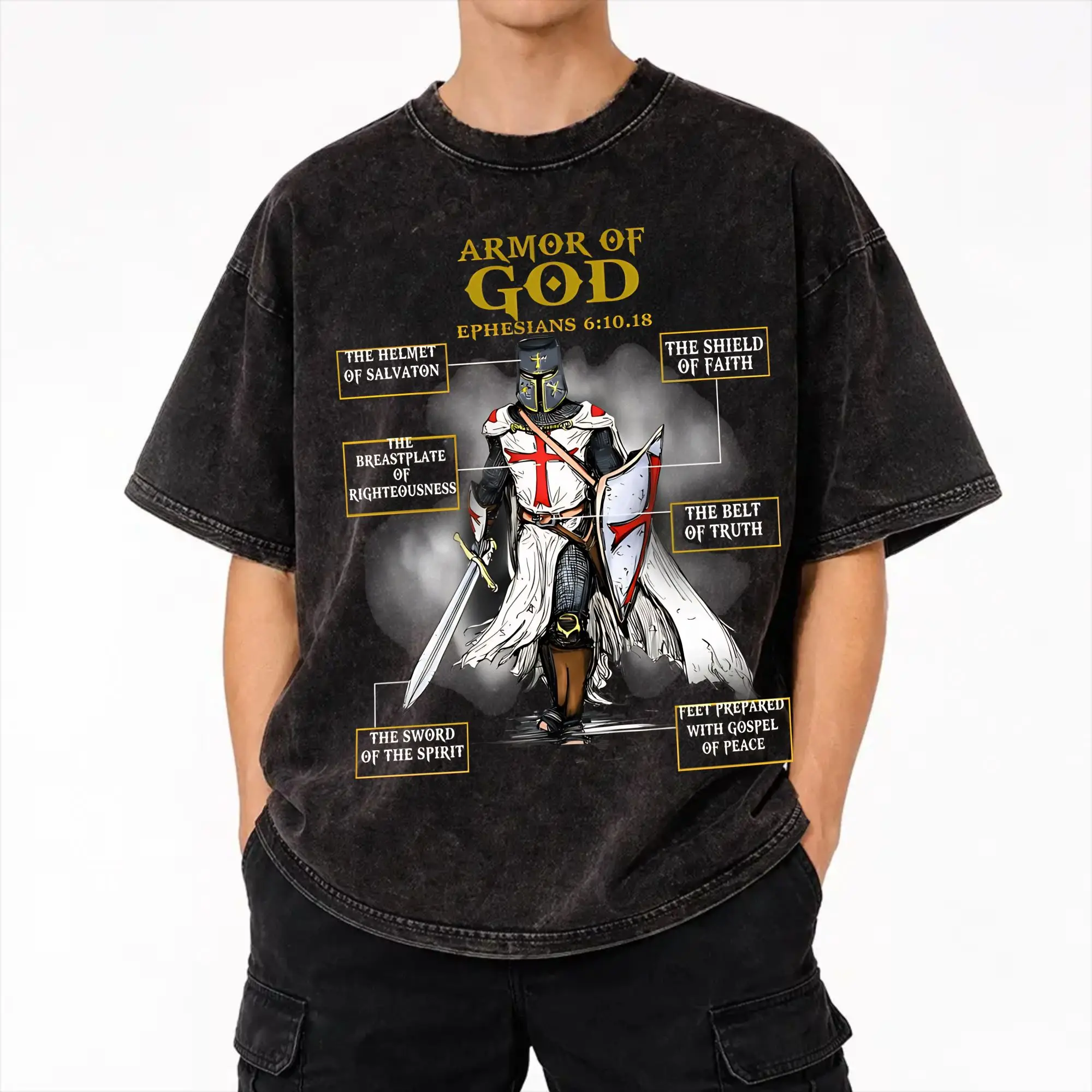 Armor-Of-God-Christian Templar Cross Knights Merch Washed T Shirt Men Women Streetwear Hip Hop T-Shirt Summer  Tees Tops
