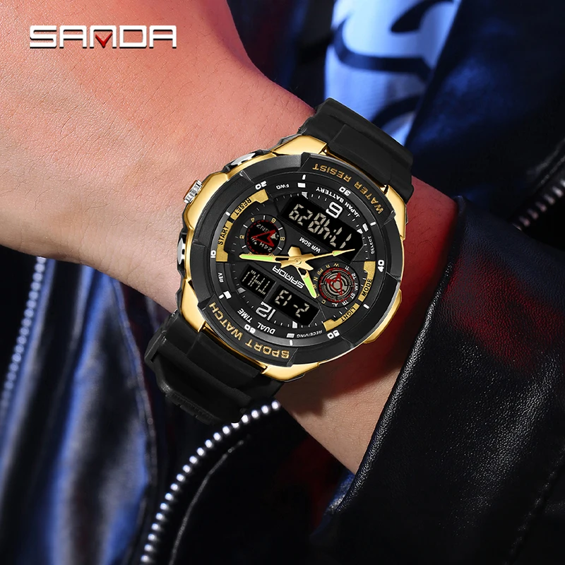 SANDA 6197 Waterproof Three Time Display Wristwatches Relogio Masculino watch Sport Men Military Digital Watches Sport Watch