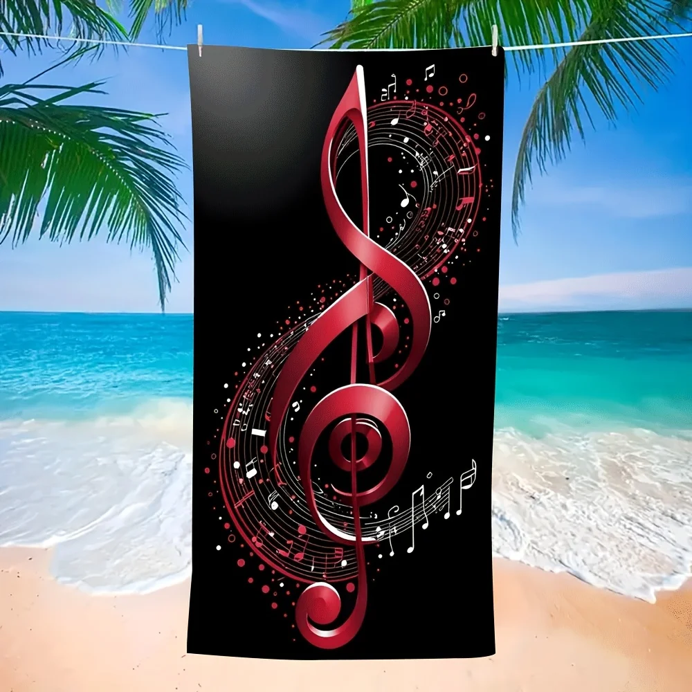 Oversized Microfiber Beach Towel Music Note Treble Clef Design with Red/White/Black Musical Notes Quick-Dry Sand-Free