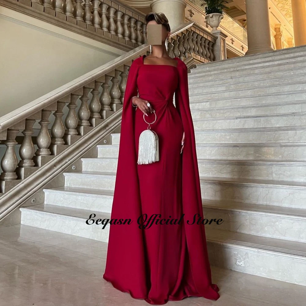 Customized Burgundy Long Evening Dresses Saudi Arabic Women Party Formal Dress Squar Neck Prom Gowns Celebrity Wedding with Cape