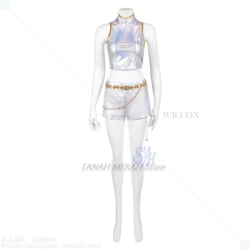 

Руми Косплей Белый Лазерный Костюм Девушки Группа Охотница Аниме Kpop Демон Косплей Золото-Белое Болеро Без Рукавов Горячая Униформа Хэллоуин
