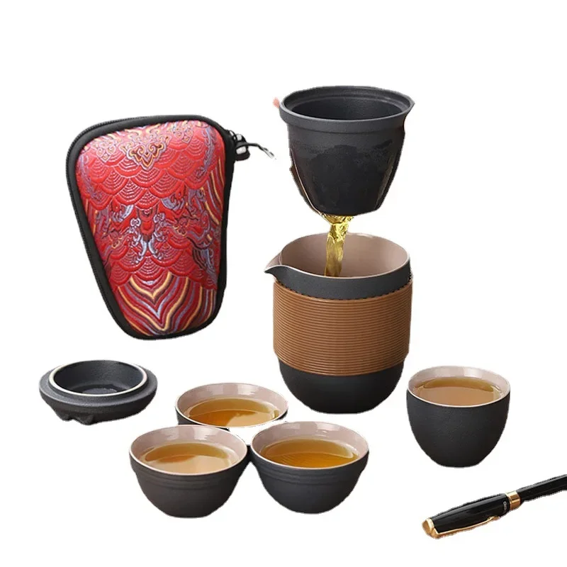 Cat Cup Retro Ceramic Quick Cup Gradient Blue Portable Storage Bag One Pot Four Cups Traveling Camping Portable Tea Partykung Fu