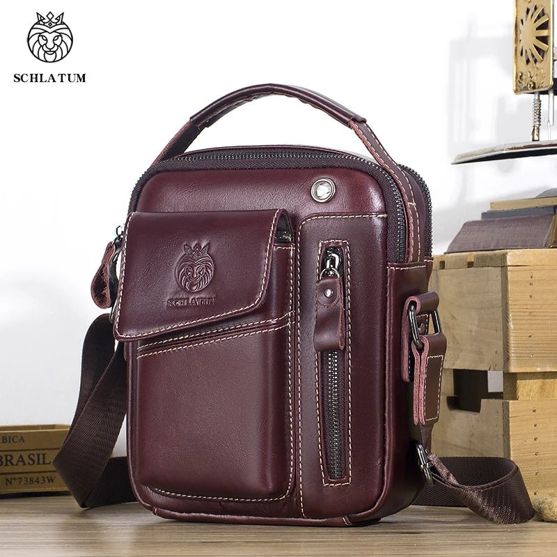 SCHLATUM 100% Genuine Leather Vintage Chest Bag For Men Shoulder Bag Casual Messenger Crossbody Bag