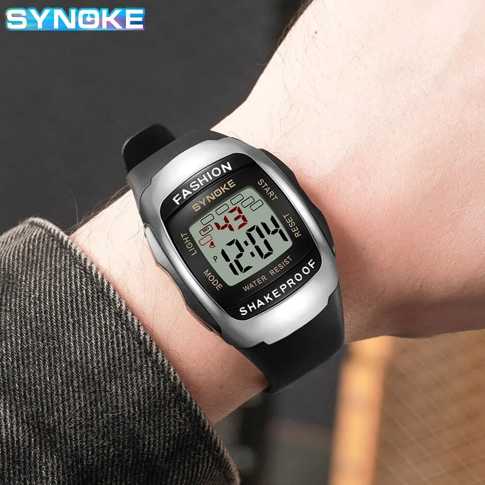 SYNOKE Men Rectangular Sports Electronic Watch Waterproof 50M Night Light Large Screen Alarm Clock Trend Retro Style