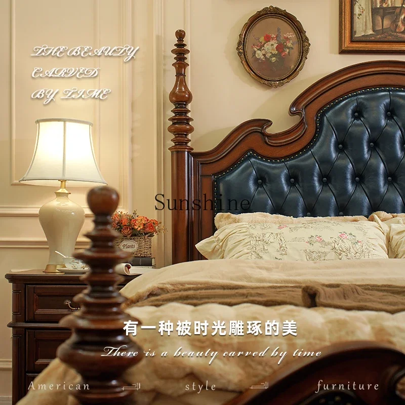 American solid wood leather soft bag retro style rural furniture double wedding bed master bedroomYY