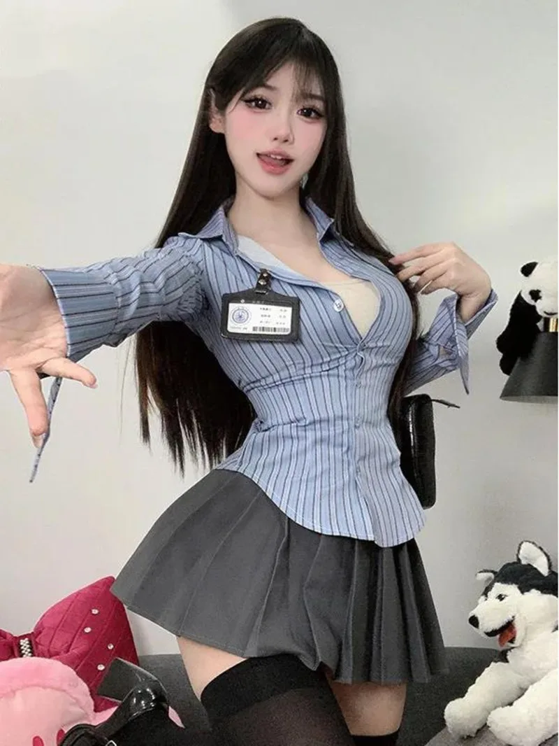 Summer Fashion Women\'s 2024 New Academy Style JK Uniform Fold Collar Cute Girl Sweet and Fresh Stripe Tight Elegant Dress RAWQ