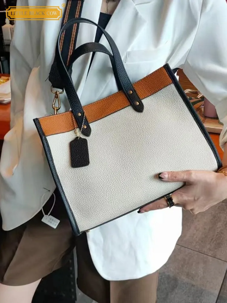 

Women Business Work Genuine Leather Totes Colors Panelled Handbag Real Cowhide Large Capacity Office Ladies Strap Shoulder Bag