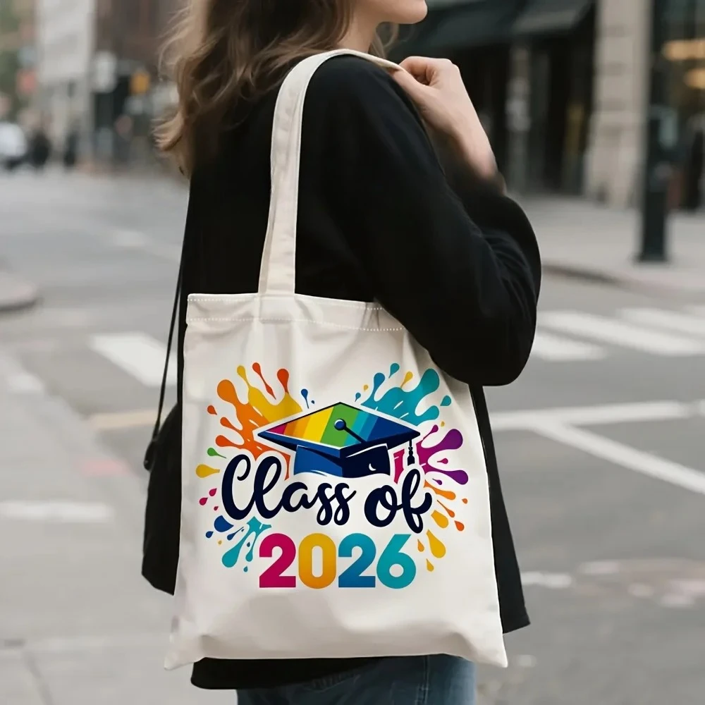Bolsa de Lona de Graduación Clase 2026 con Estampado de Birrete Colorido, Reutilizable, Ecológica, para Compras, Regalo de Graduación