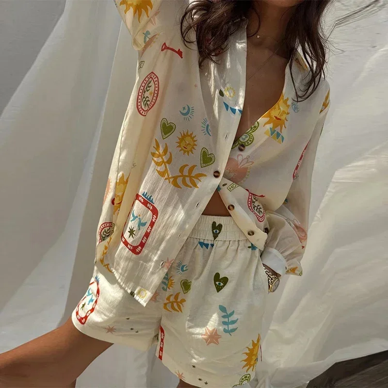 

Fashion Printed Loose Shirt Shorts Suit Elegant Lapel Button Long Sleeve Causal Top Elastic Waist Short Lady Vacation Outfit Set