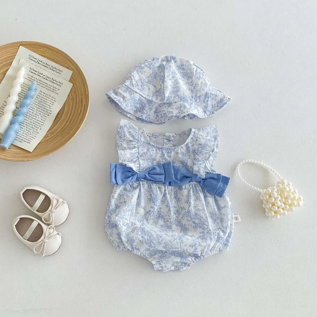 Baby Summer Jumpsuit with Western Style Floral Patterns, Sweet Flying Sleeves, Thin Bow Tie Clothes for Baby Girls