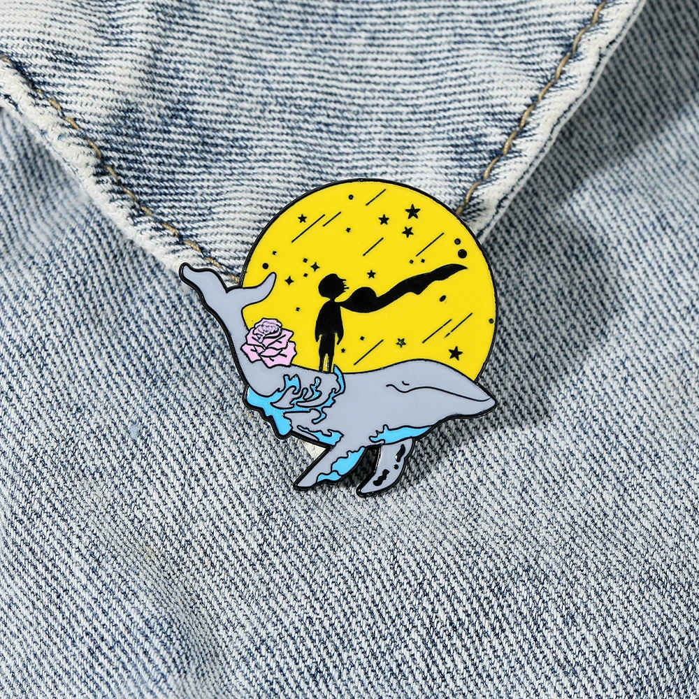 Funny Whale And Man In Space Enamel Pins Creative Starry Sky Pattern Brooches Wholesale