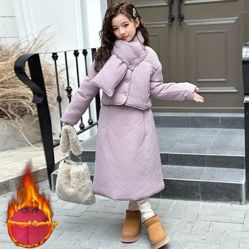 2025 New Year's Girls' Cotton Jacket Set Winter Thickened Warm Clip Cotton Skirt Sweet Princess Scarf Cotton Coat