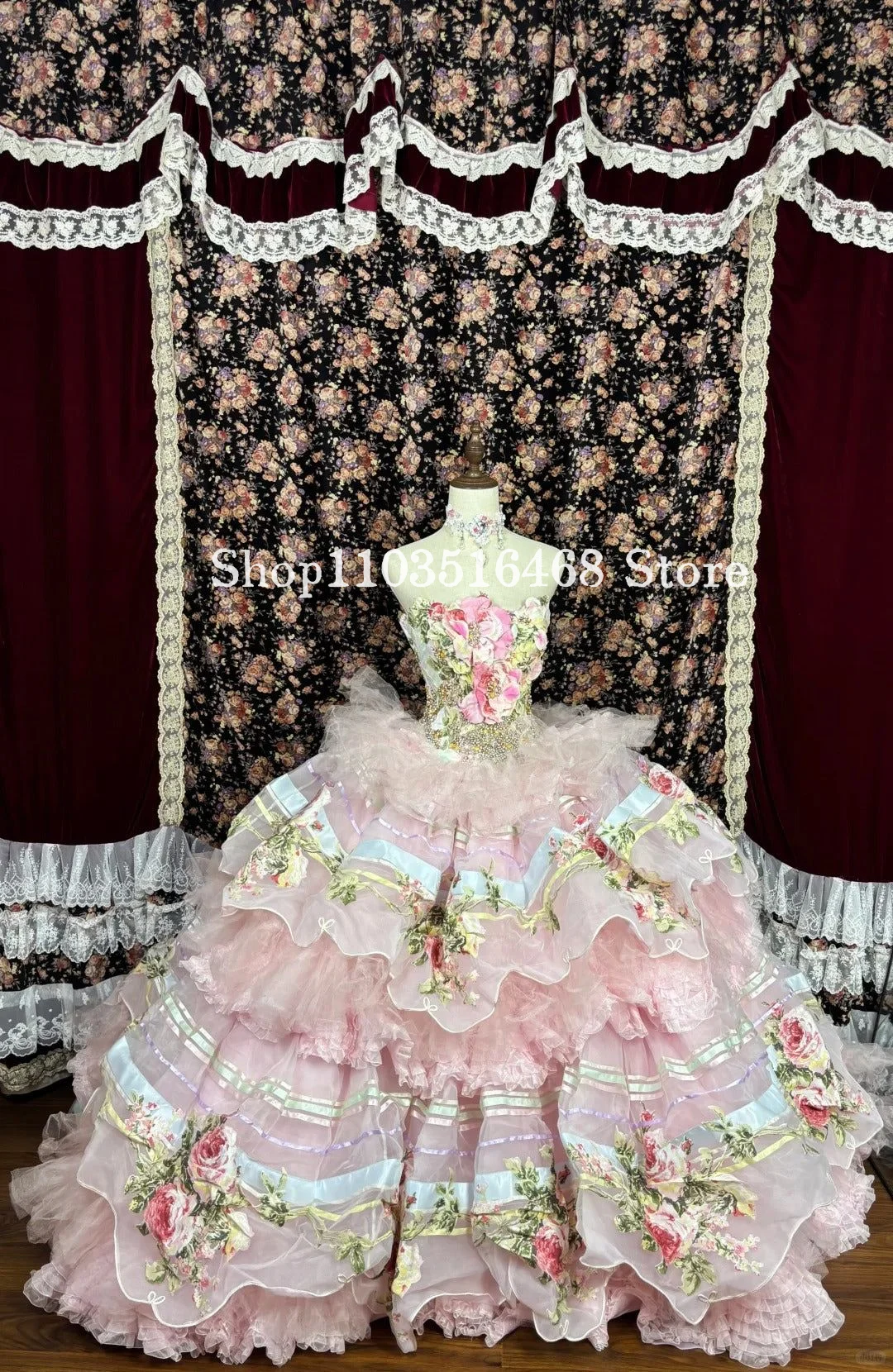 

Custom Dreamy Pink Strapless Ball Gown Corset Floral Print Puffy Skirt Quinceañera Dress Sweet Sweet 15 Vestidos De 15 Quinceañe