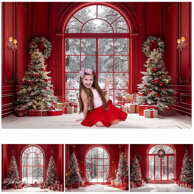 

LS Red Christmas Indoor Window Photography Background Winter Xmas Tree Gift Box Decor Props Kids Adult Portrait Studio