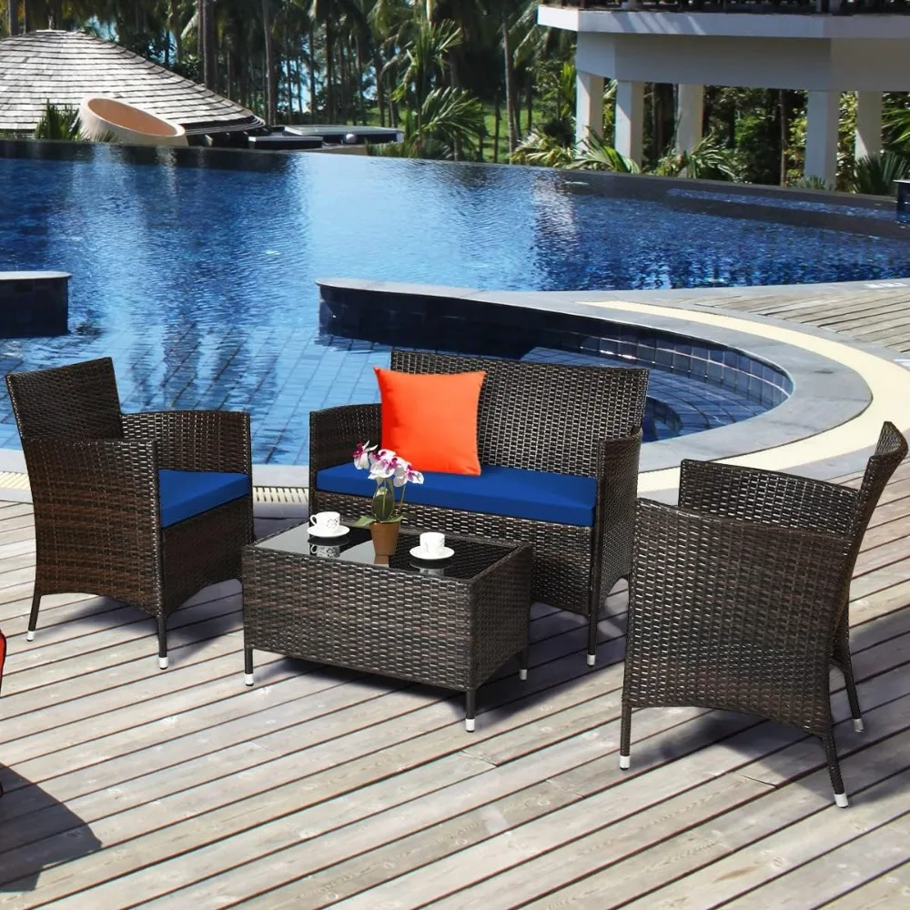 

4-Piece Rattan Patio Set, Sofa with Soft Cushion, Rattan Furniture with Tempered Glass Coffee Table,Outdoor garden sofa