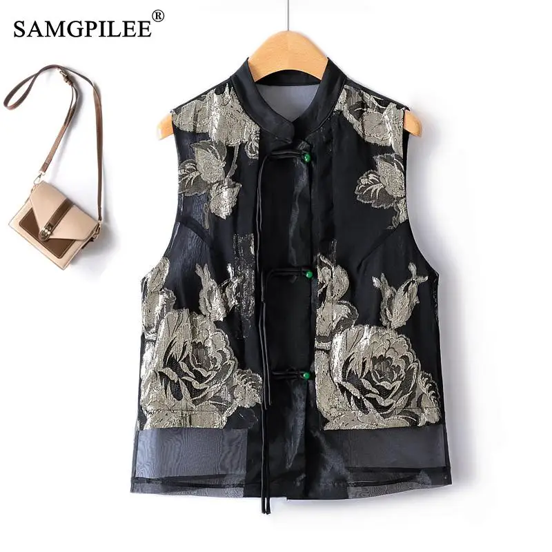 

Retro Elegant Stand Collar Vests For Women 2023 Autumn Jacquard Organza Single Breasted New Chinese Style Sleeveless Jackets 4XL