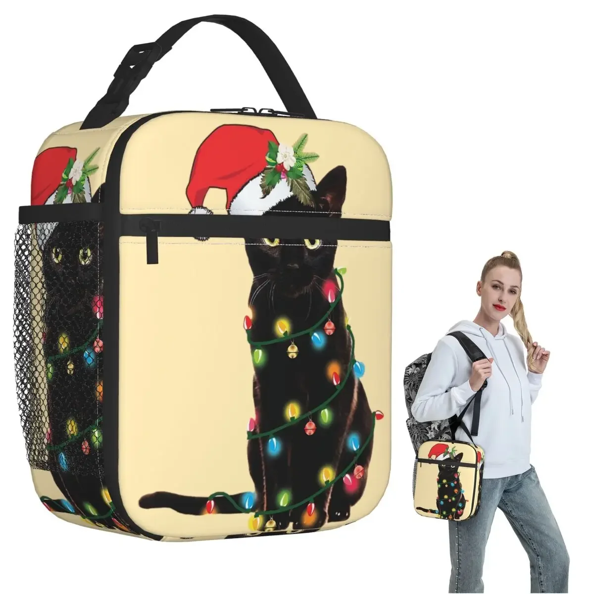 Black Santa Cat Tangled Up In Lights Christmas Santa Insulated Lunch Bag Children Portable Food Boxes Thermal Lunch Box Tote