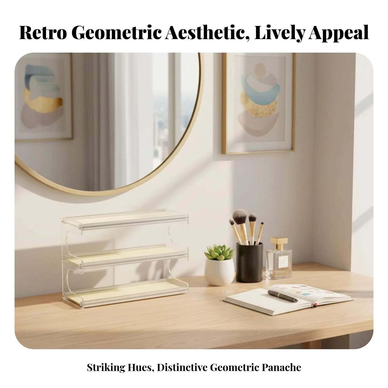 Multi-Tier Cosmetic Stand Retro Geometric Aesthetic 3-Tier Shelf Space-Saving Multifunctional for Makeup Users, Bedroom