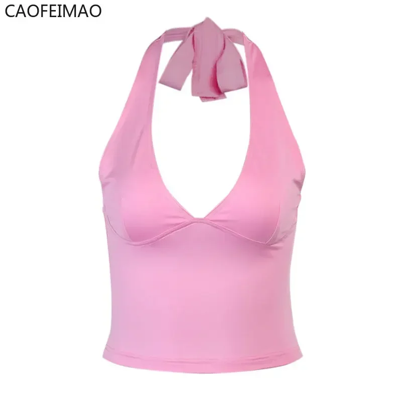 Caofeimao Sexy Off Shoulder Top Ladies 2025 Club Party Outfits Sheath Pure Sleeveless Bare Back Sexi Women Summer Crop Top