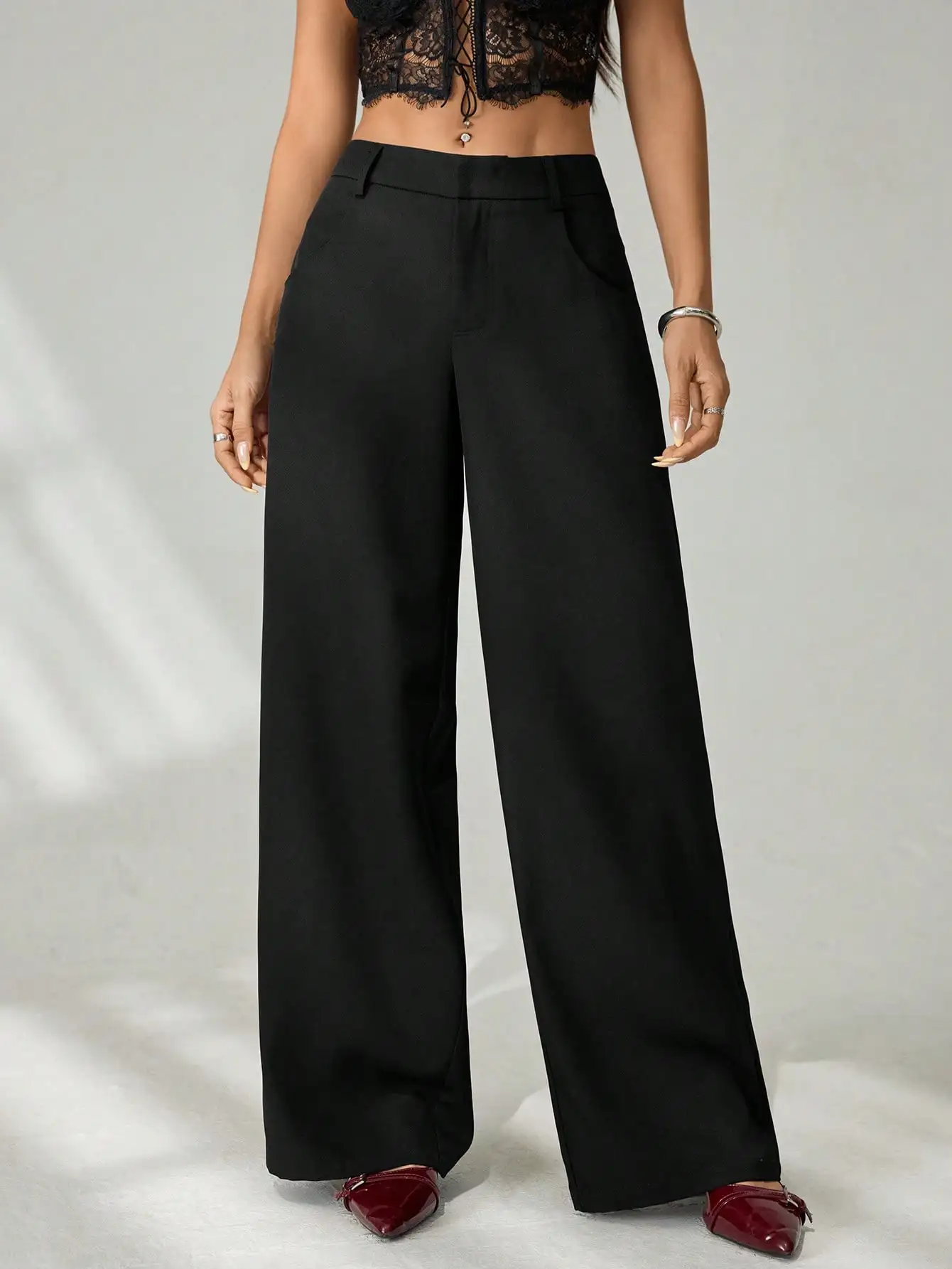 

Женские повседневные брюки с низкой талией и широкими штанинами, однотонные черные, для лета