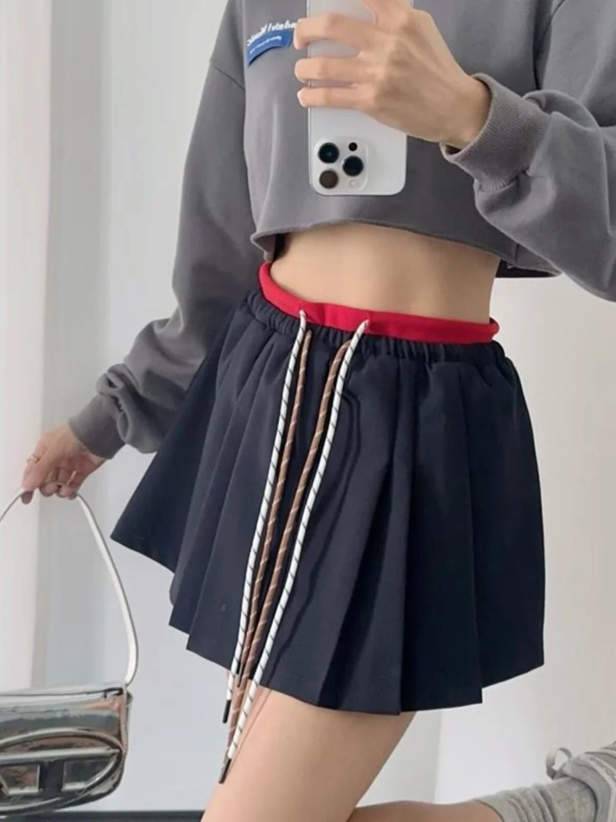 

Женская универсальная юбка, плиссированная юбка с высокой талией в стиле пэчворк, двойная талия, цвет шнура, блузка, юбка трапециевидной формы, уличная юбка